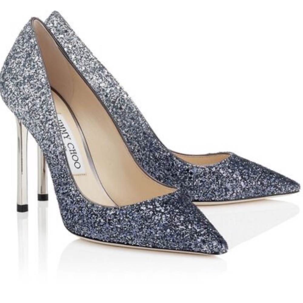 Jimmy Choo ROMY 100 Navy and Silver Glitter Pumps